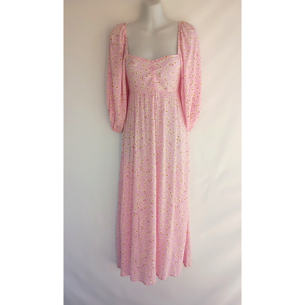 BillaBong Swept Away Midi Dress Pink Floral Puff Sleeve Smocked Cottagecore M - Picture 2 of 16